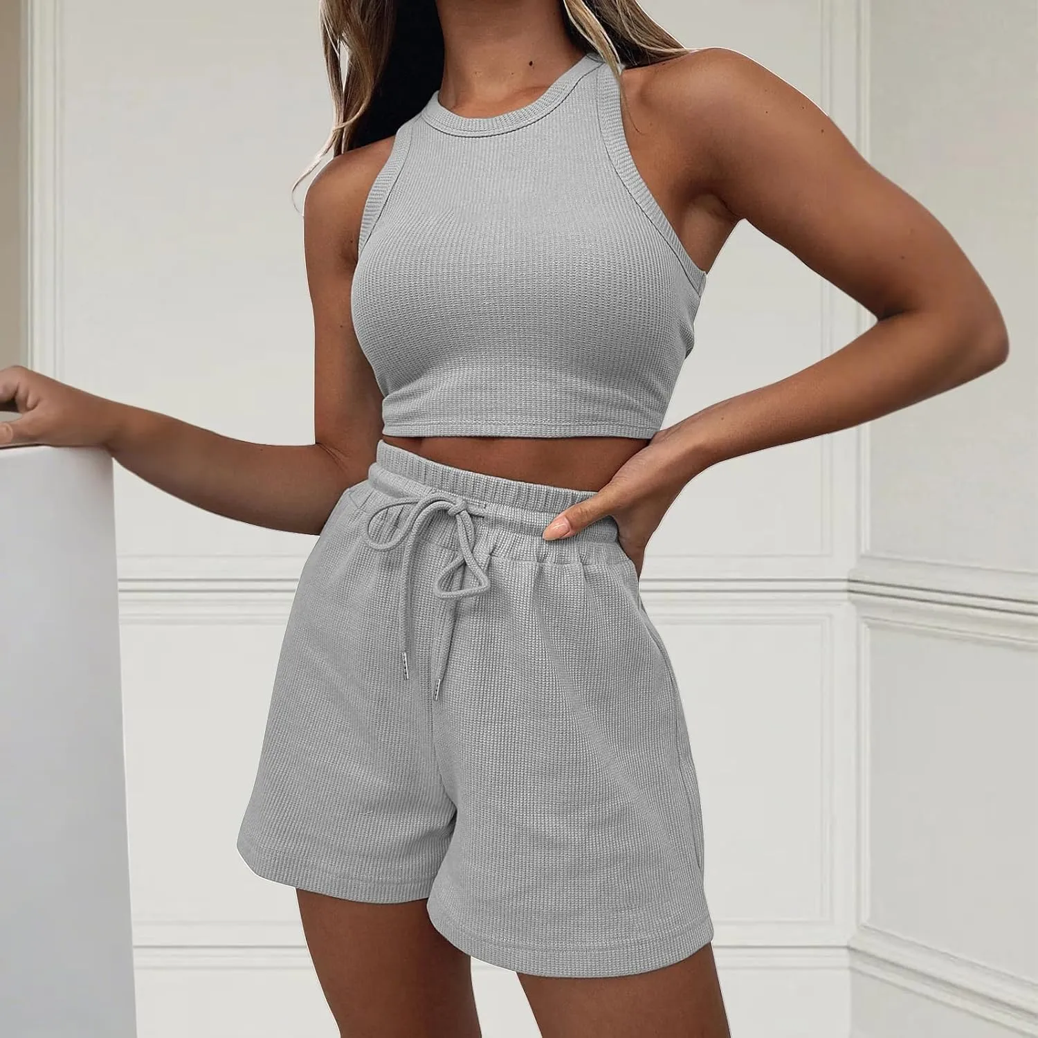 2 Piece Short Sets for Women Ribbed Knit Sleeveless Tank Top and Wide Leg Shorts Lounge Set Tracksuits