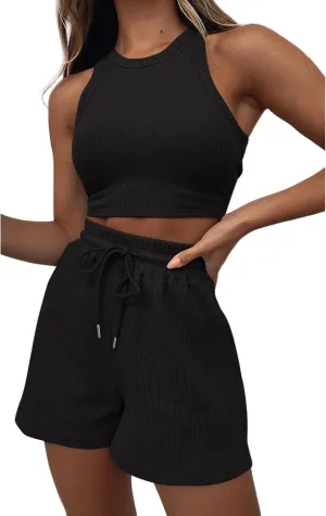 2 Piece Short Sets for Women Ribbed Knit Sleeveless Tank Top and Wide Leg Shorts Lounge Set Tracksuits