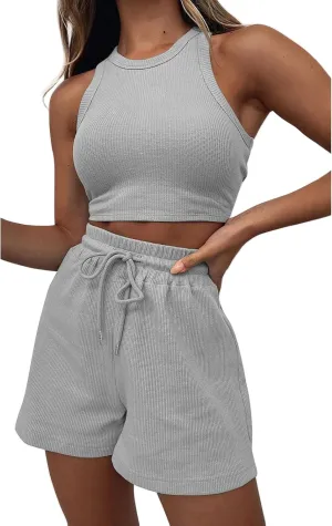 2 Piece Short Sets for Women Ribbed Knit Sleeveless Tank Top and Wide Leg Shorts Lounge Set Tracksuits