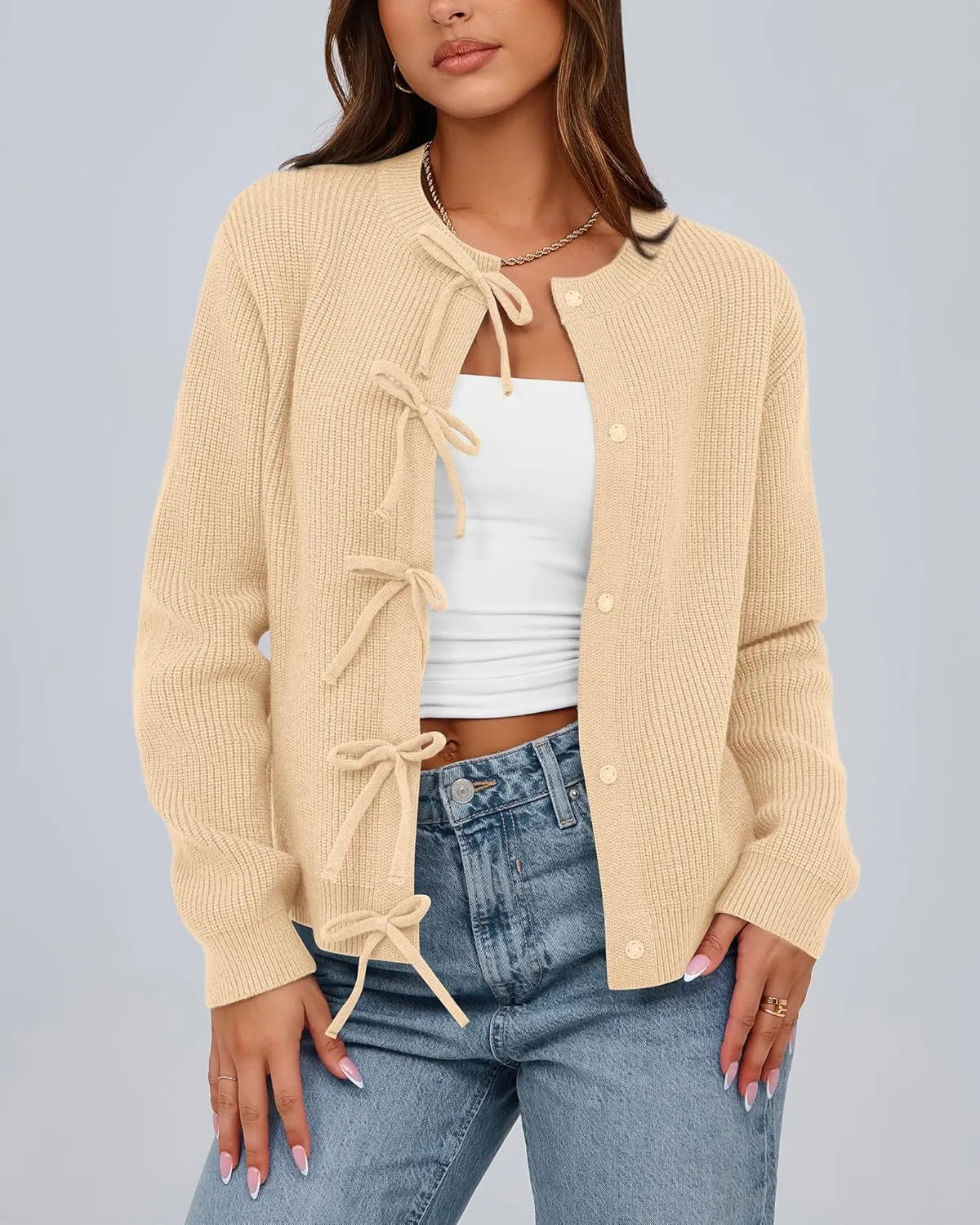 BTFBM Cardigan Sweaters for Women Trendy 2025 Fall Open Front Long Sleeve Button Down Bow Knot Cropped Lady Jacket