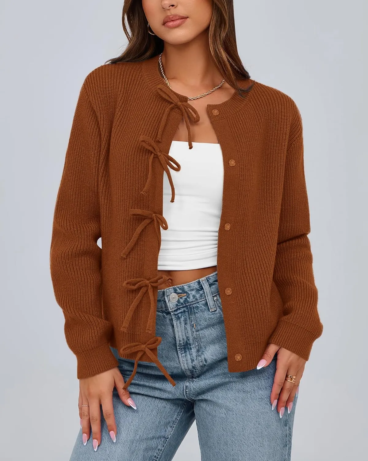 BTFBM Cardigan Sweaters for Women Trendy 2025 Fall Open Front Long Sleeve Button Down Bow Knot Cropped Lady Jacket