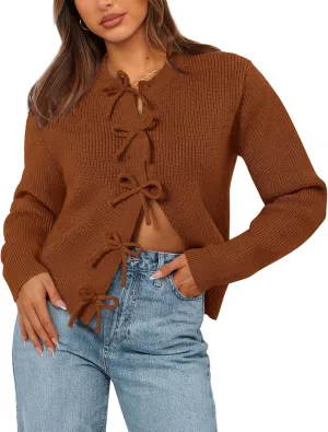 BTFBM Cardigan Sweaters for Women Trendy 2025 Fall Open Front Long Sleeve Button Down Bow Knot Cropped Lady Jacket