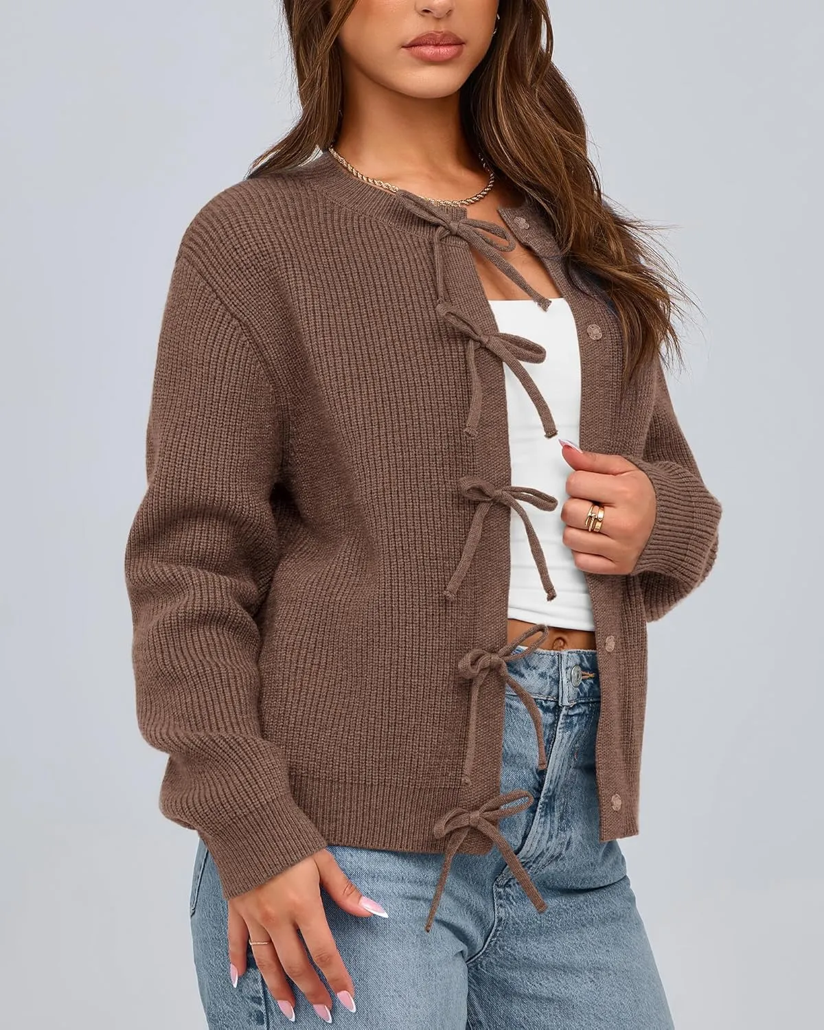 BTFBM Cardigan Sweaters for Women Trendy 2025 Fall Open Front Long Sleeve Button Down Bow Knot Cropped Lady Jacket