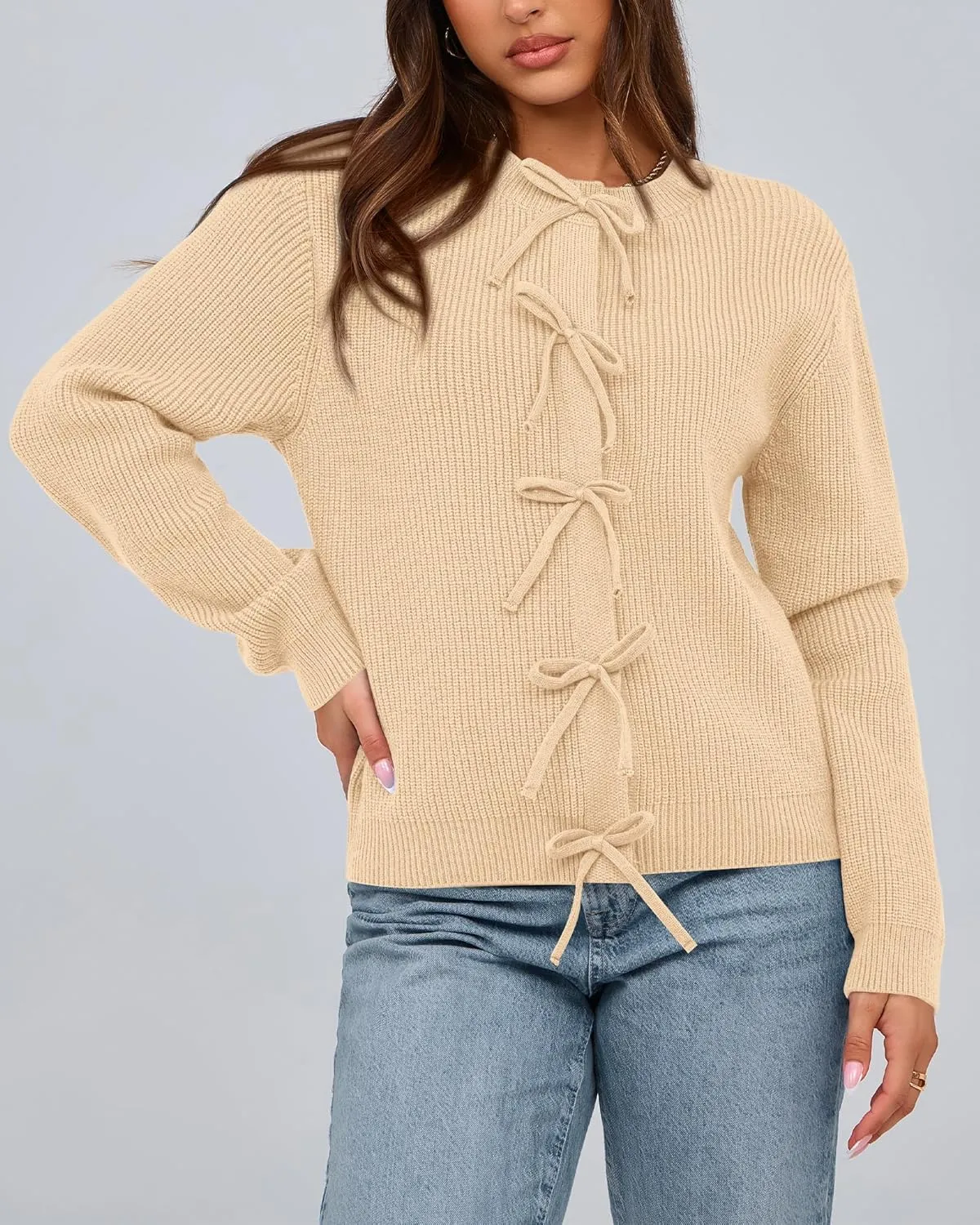 BTFBM Cardigan Sweaters for Women Trendy 2025 Fall Open Front Long Sleeve Button Down Bow Knot Cropped Lady Jacket
