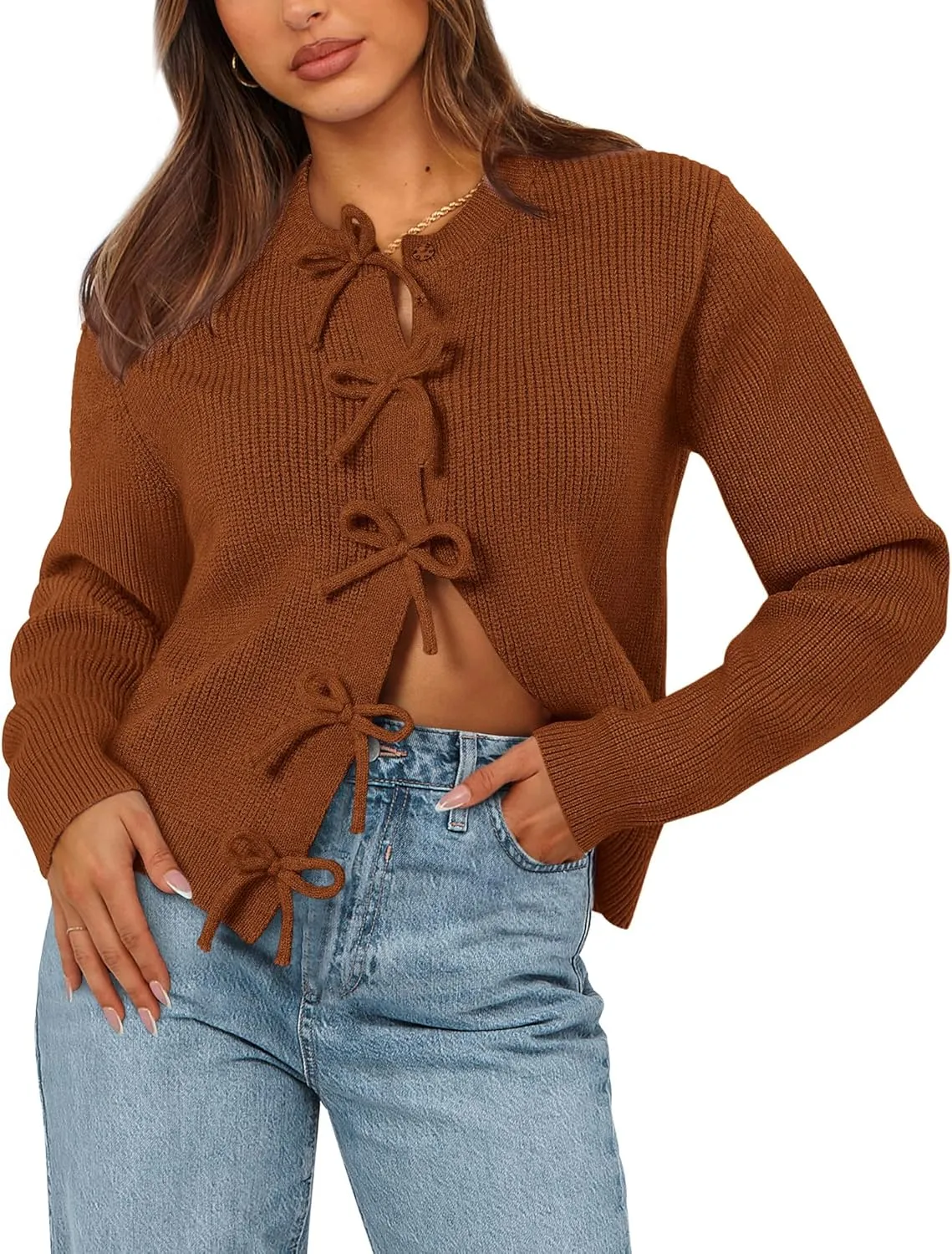 BTFBM Cardigan Sweaters for Women Trendy 2025 Fall Open Front Long Sleeve Button Down Bow Knot Cropped Lady Jacket