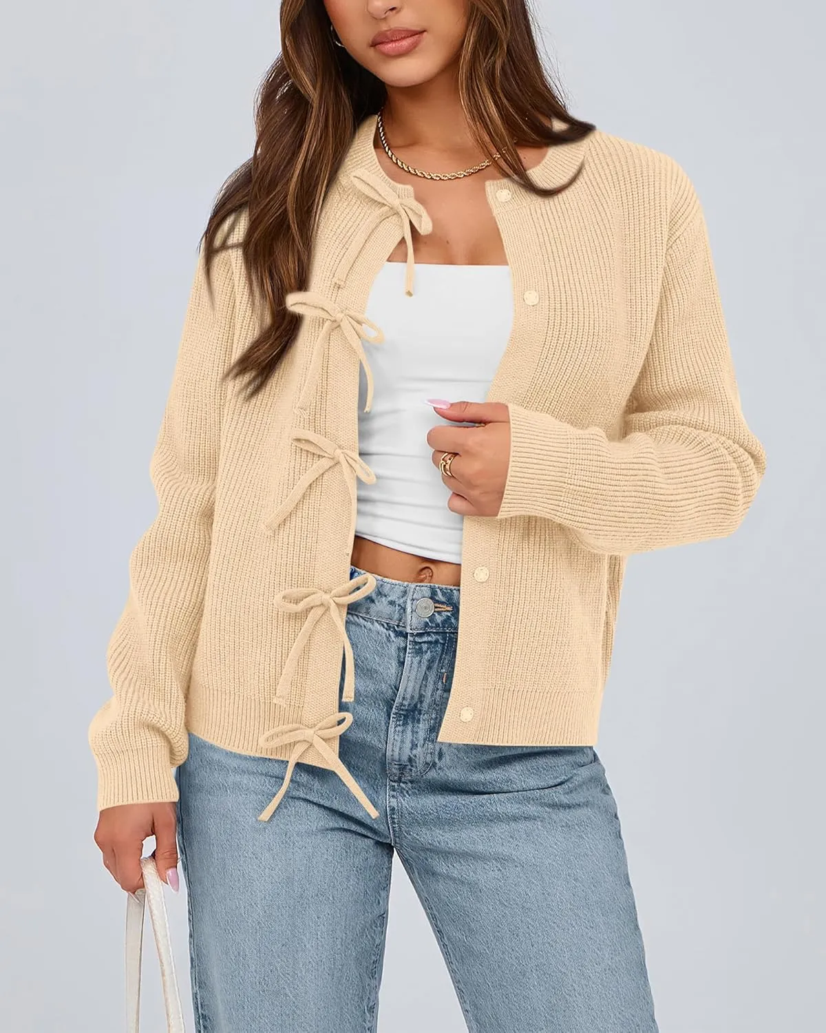 BTFBM Cardigan Sweaters for Women Trendy 2025 Fall Open Front Long Sleeve Button Down Bow Knot Cropped Lady Jacket