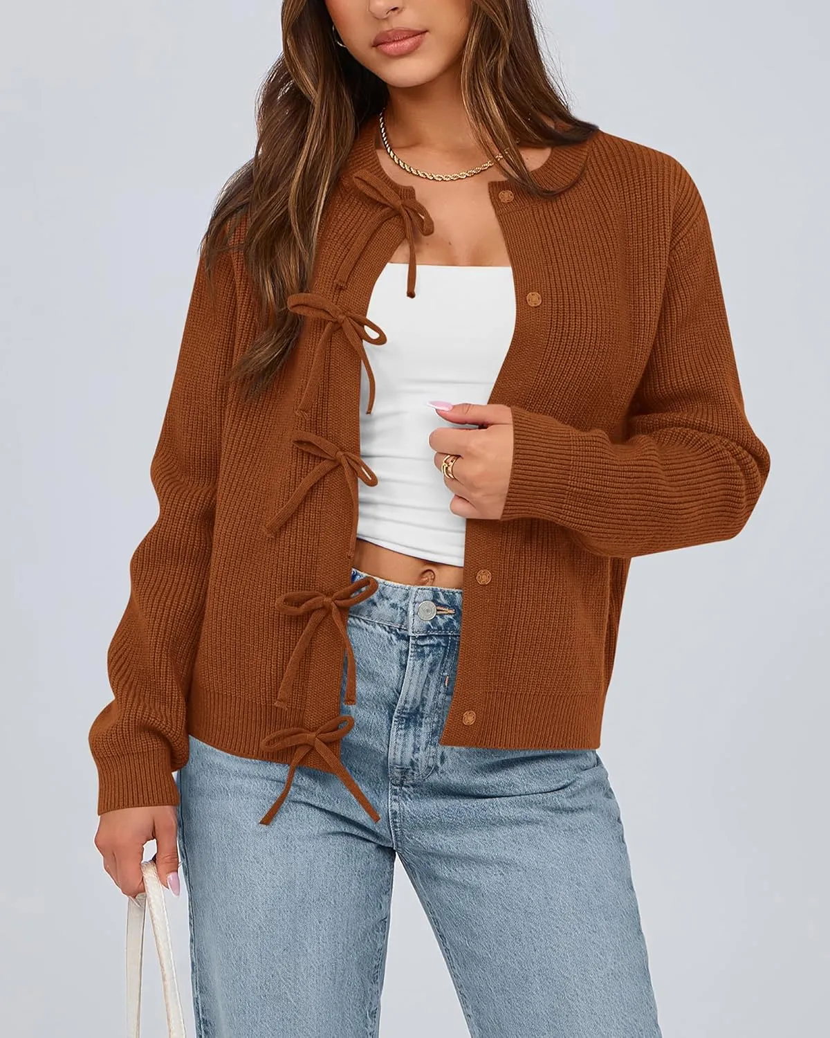 BTFBM Cardigan Sweaters for Women Trendy 2025 Fall Open Front Long Sleeve Button Down Bow Knot Cropped Lady Jacket