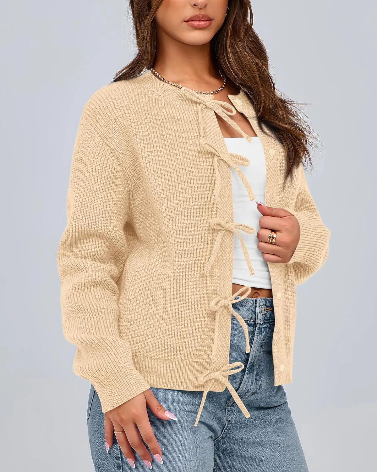BTFBM Cardigan Sweaters for Women Trendy 2025 Fall Open Front Long Sleeve Button Down Bow Knot Cropped Lady Jacket