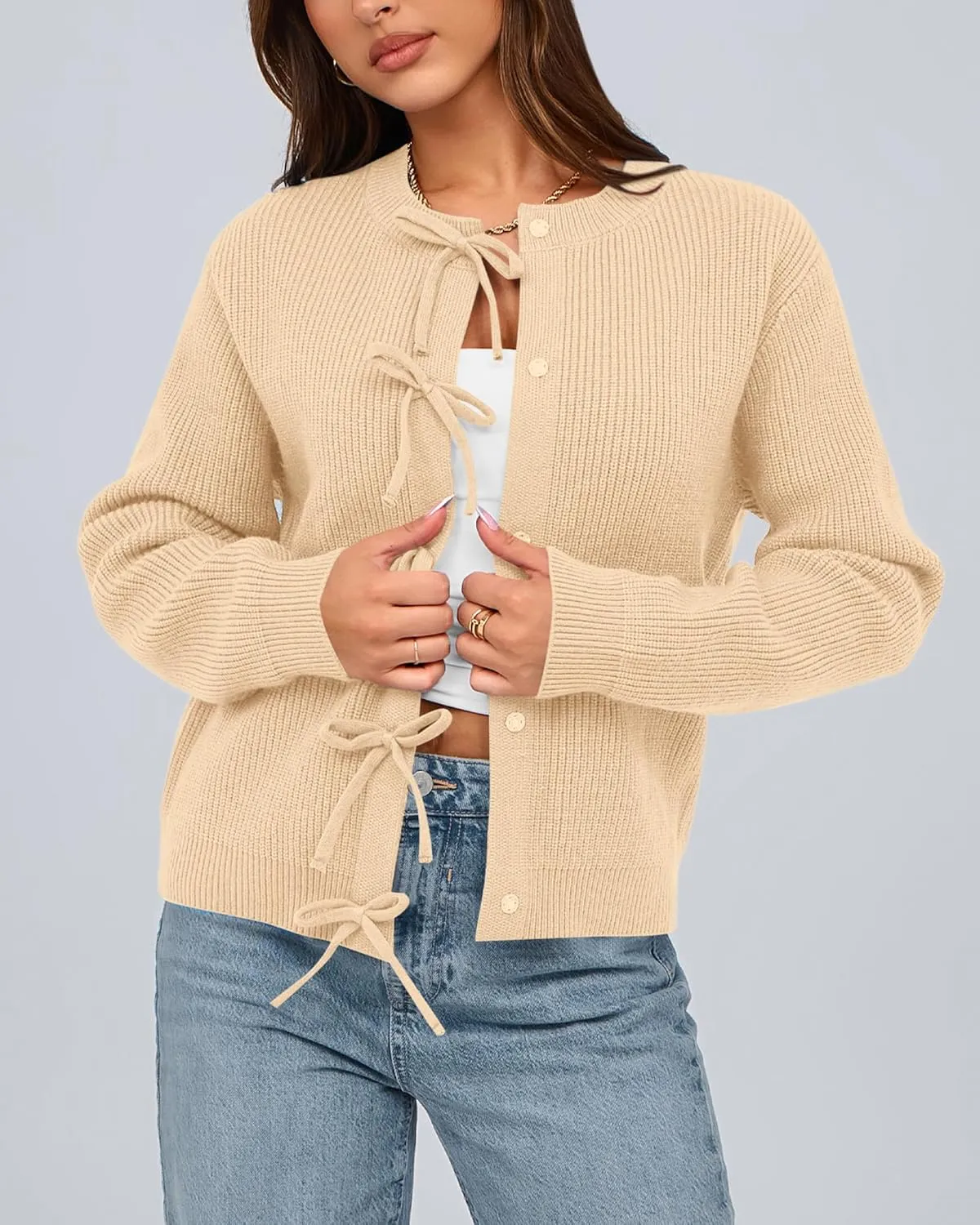 BTFBM Cardigan Sweaters for Women Trendy 2025 Fall Open Front Long Sleeve Button Down Bow Knot Cropped Lady Jacket