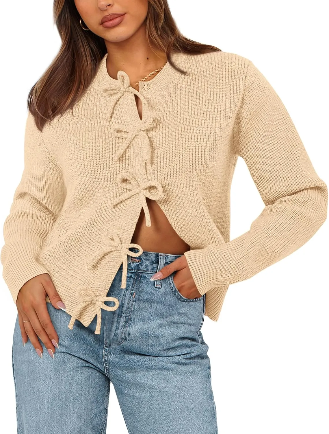BTFBM Cardigan Sweaters for Women Trendy 2025 Fall Open Front Long Sleeve Button Down Bow Knot Cropped Lady Jacket