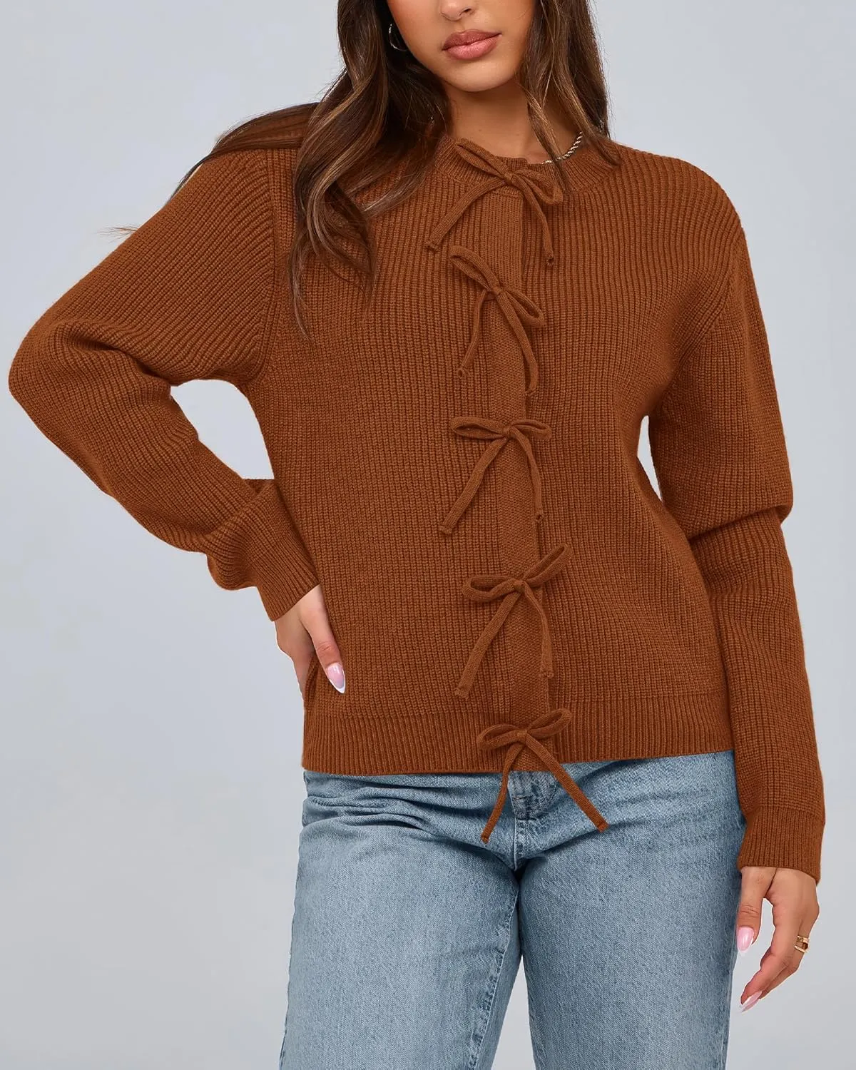 BTFBM Cardigan Sweaters for Women Trendy 2025 Fall Open Front Long Sleeve Button Down Bow Knot Cropped Lady Jacket