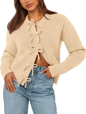 BTFBM Cardigan Sweaters for Women Trendy 2025 Fall Open Front Long Sleeve Button Down Bow Knot Cropped Lady Jacket
