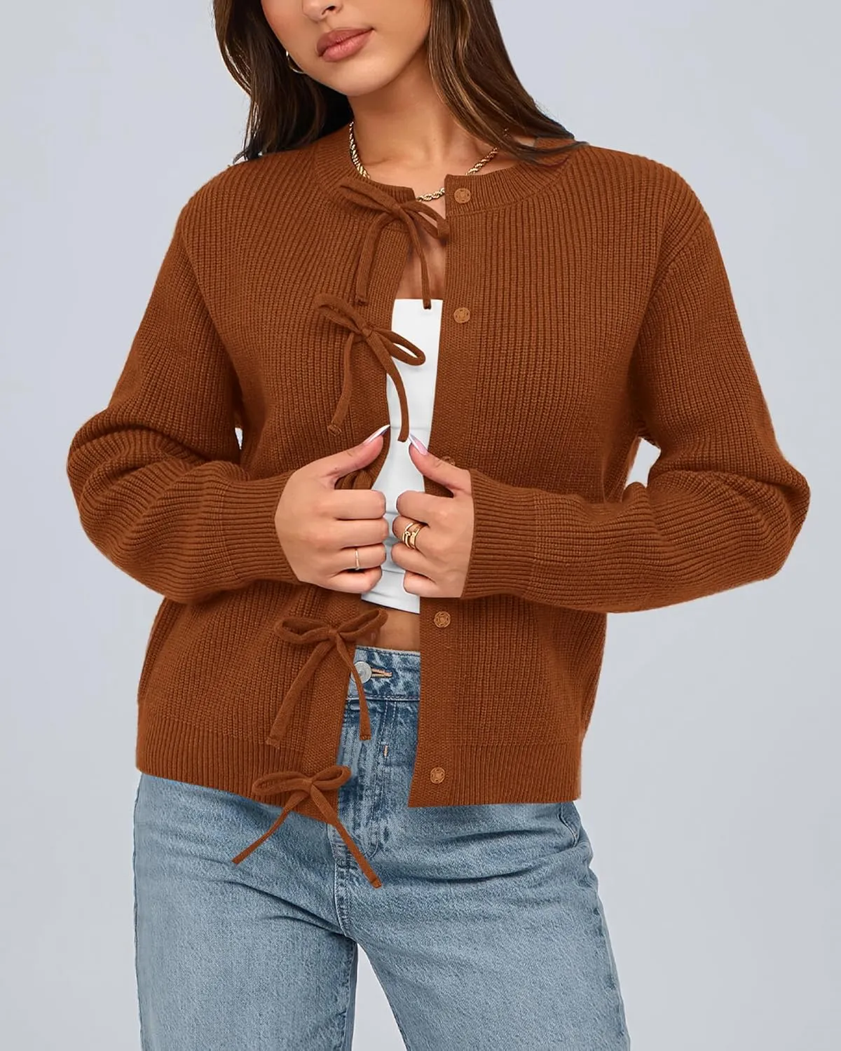 BTFBM Cardigan Sweaters for Women Trendy 2025 Fall Open Front Long Sleeve Button Down Bow Knot Cropped Lady Jacket