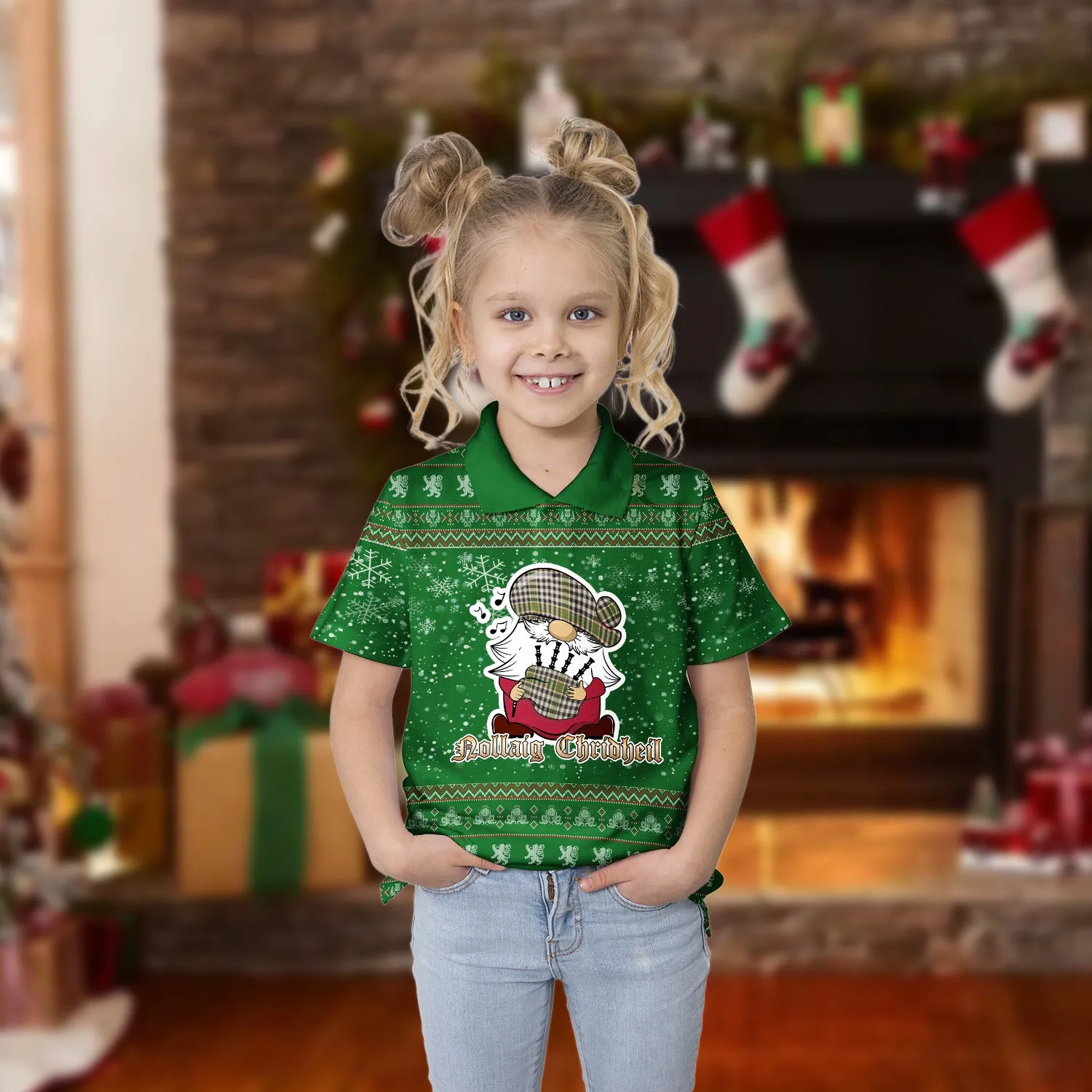Burns Check Clan Christmas Family Polo Shirt with Funny Gnome Playing Bagpipes