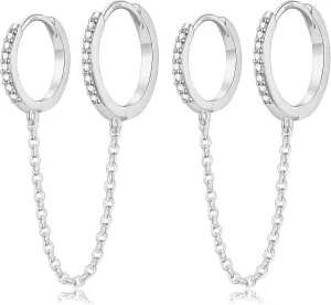 CERSLIMO Small Huggie Hoop Earrings for Women, 14K Gold Plated Sterling Silver Post Chain Hoops Hypoallergenic Dangle Drop Earrings