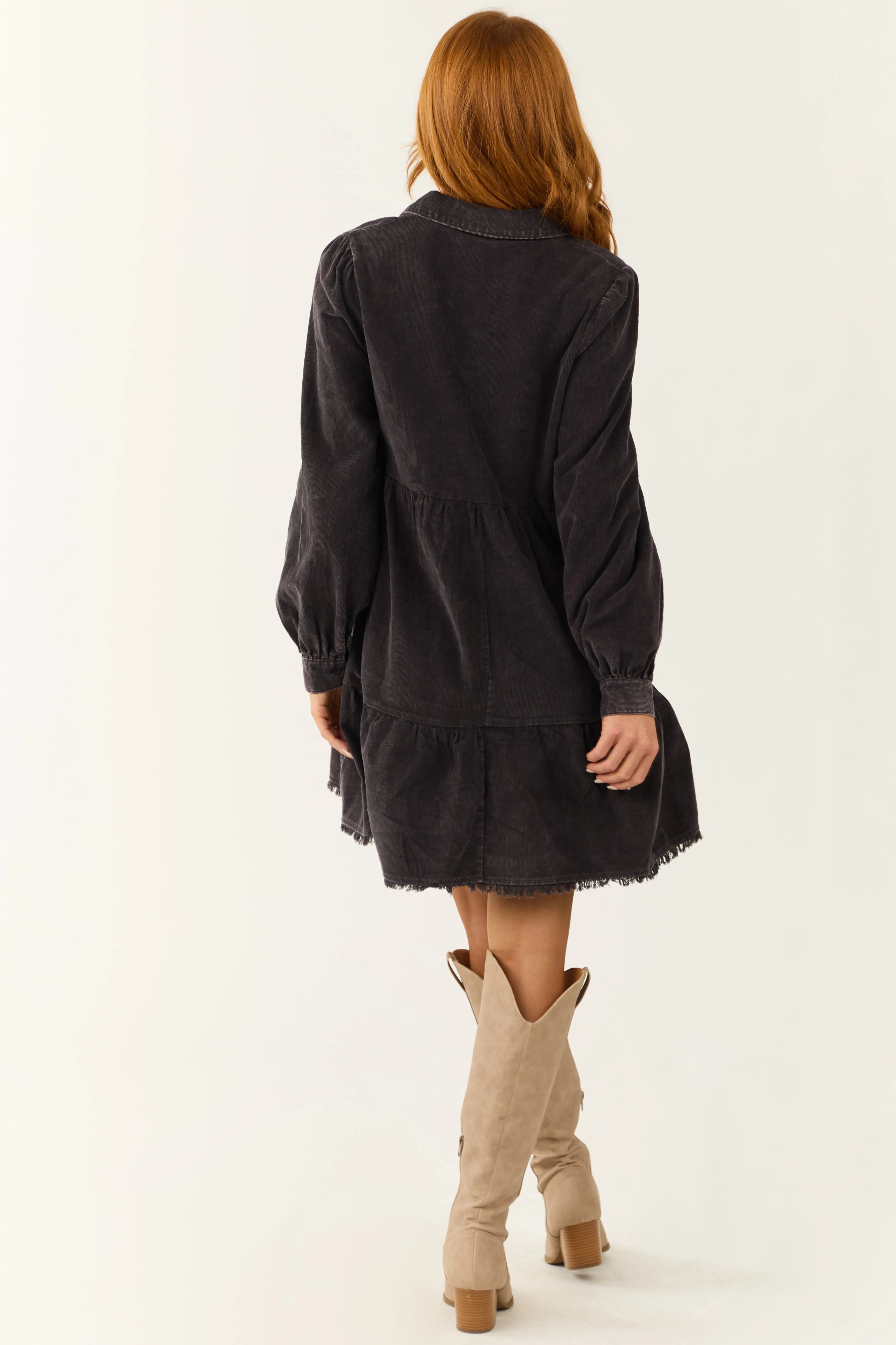 Charcoal Washed Corduroy Tiered Short Dress