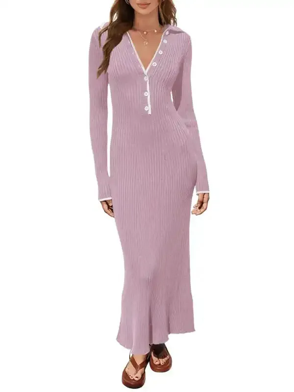 Fashionable lapel knitted slim fit hip-hugging long-sleeved dress