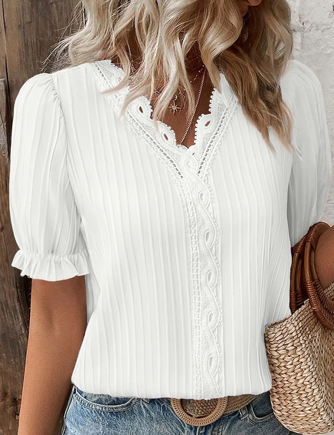 JUSTFASHIONNOW Women's Elegant Lace V Neck Short Sleeve Solid Tops Shirt Blouse