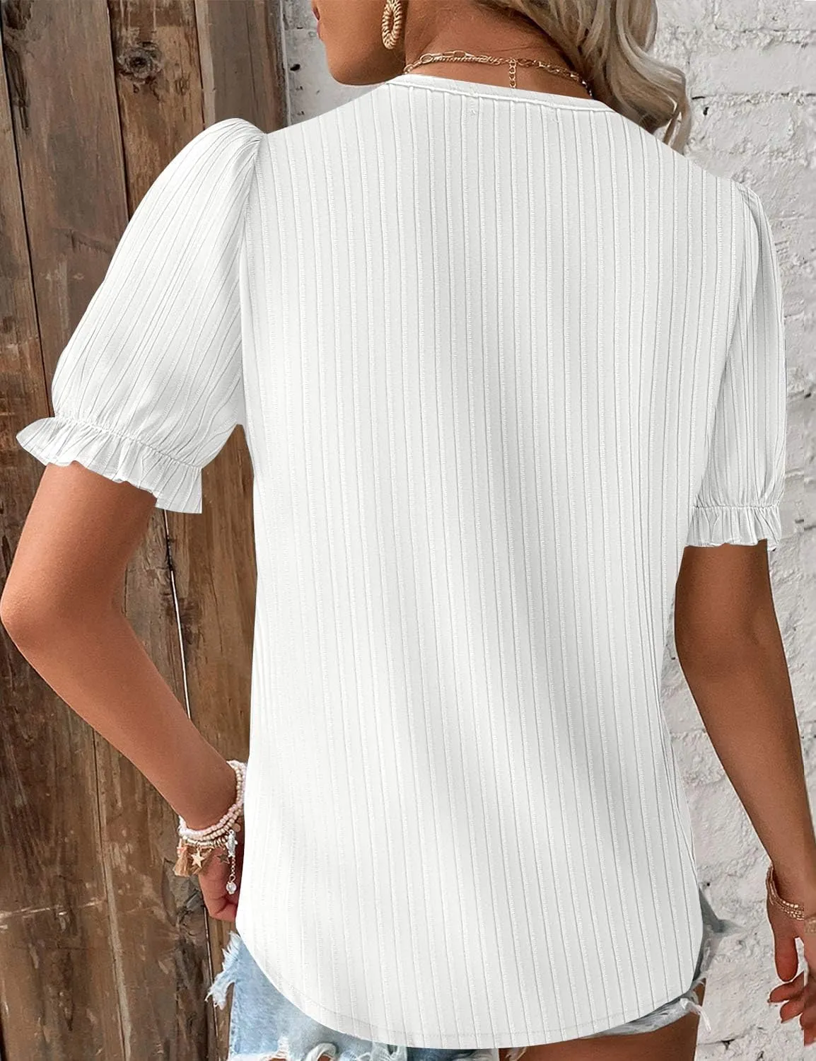 JUSTFASHIONNOW Women's Elegant Lace V Neck Short Sleeve Solid Tops Shirt Blouse