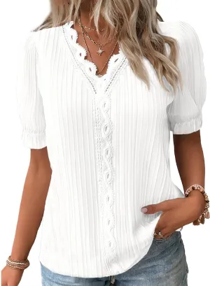JUSTFASHIONNOW Women's Elegant Lace V Neck Short Sleeve Solid Tops Shirt Blouse