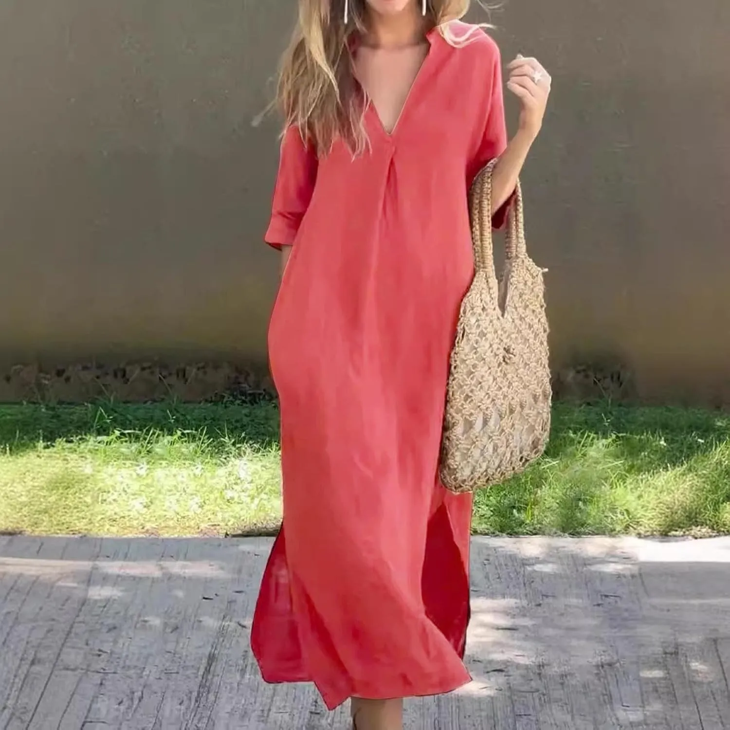 Linen Casual Dresses for Women Flowy V Neck Short Sleeve 2025 Maxi Dress Lightweight Summer Beach Vacation Clothes
