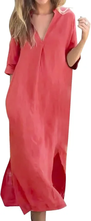 Linen Casual Dresses for Women Flowy V Neck Short Sleeve 2025 Maxi Dress Lightweight Summer Beach Vacation Clothes