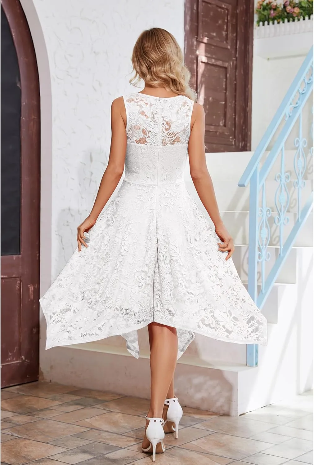 Meetjen Women's Cocktail Party Dresses 2025 Handkerchief Hem Lace Formal Wedding Guest Bridesmaid Fancy Prom Dress