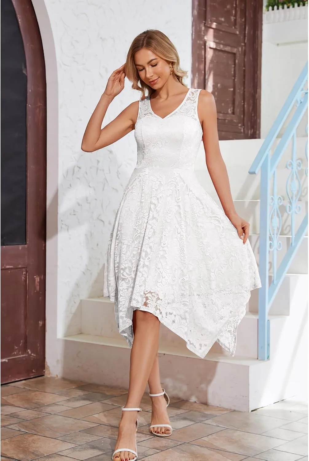 Meetjen Women's Cocktail Party Dresses 2025 Handkerchief Hem Lace Formal Wedding Guest Bridesmaid Fancy Prom Dress