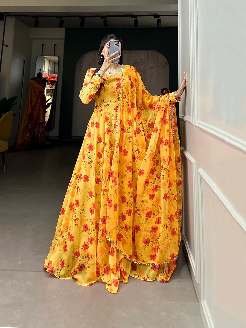 Mustard Color Captivate All Eyes in This Elegant Floral Printed Georgette Gown with Dupatta