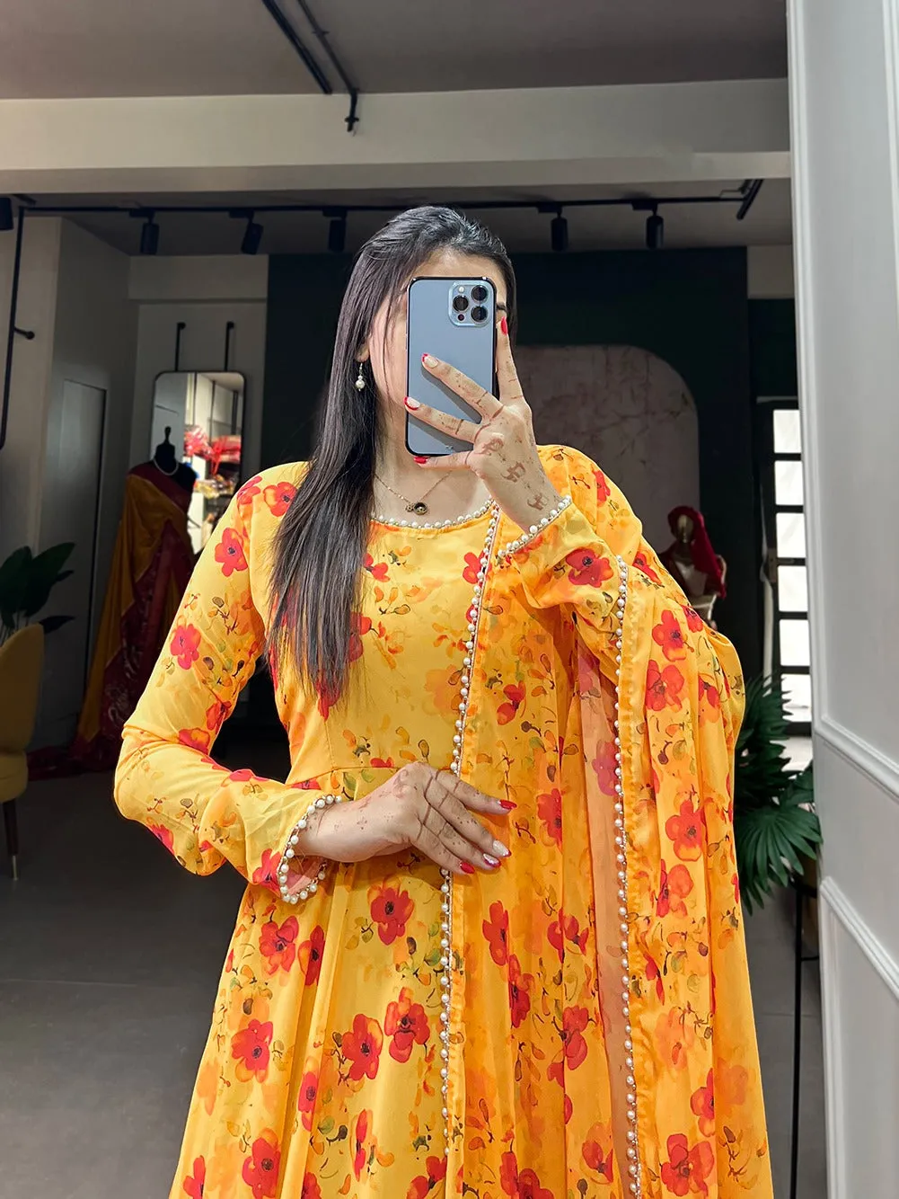 Mustard Color Captivate All Eyes in This Elegant Floral Printed Georgette Gown with Dupatta