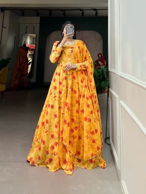 Mustard Color Captivate All Eyes in This Elegant Floral Printed Georgette Gown with Dupatta