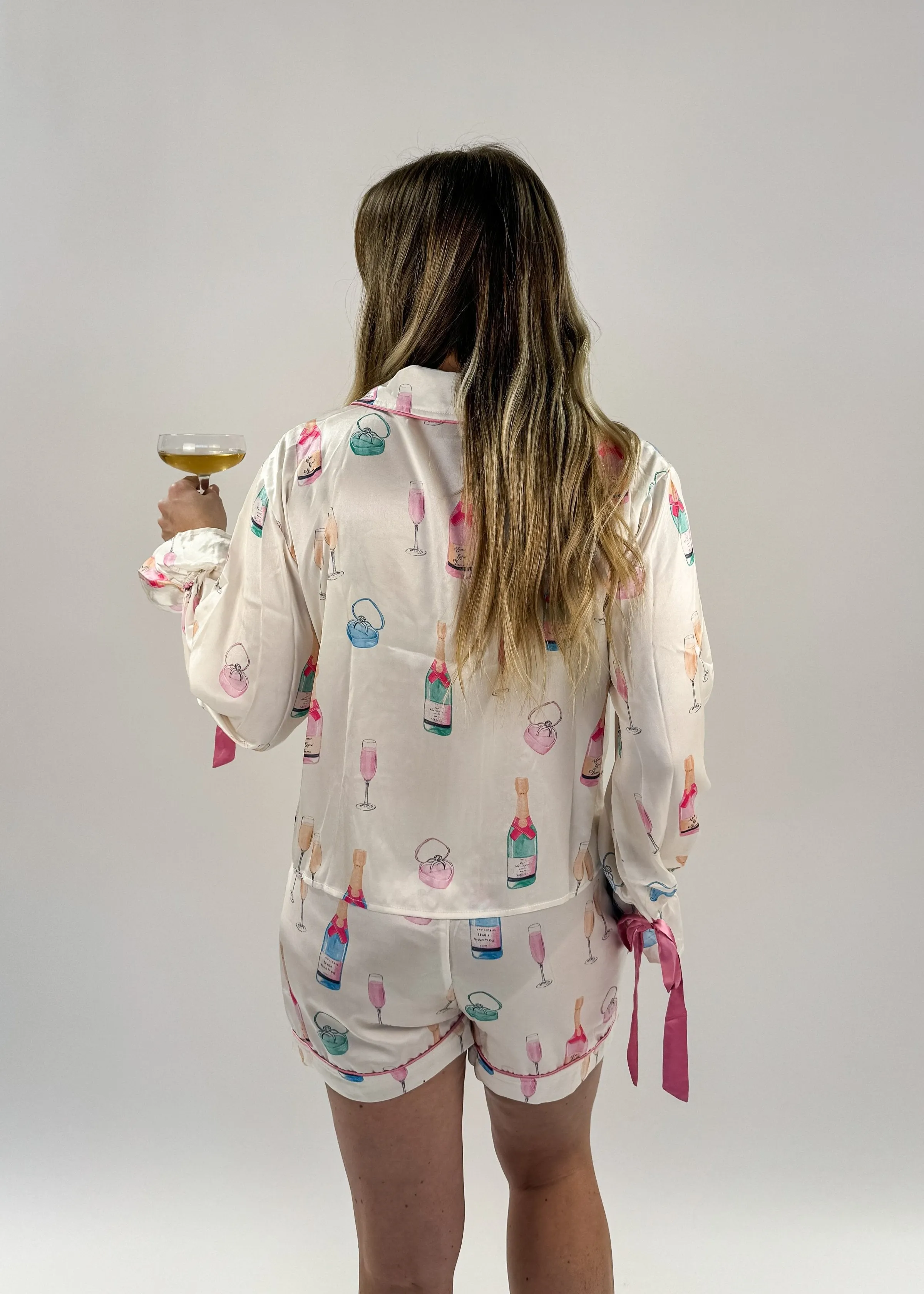 PJ Satin Button Up Shorts Bows Champagne Diamonds