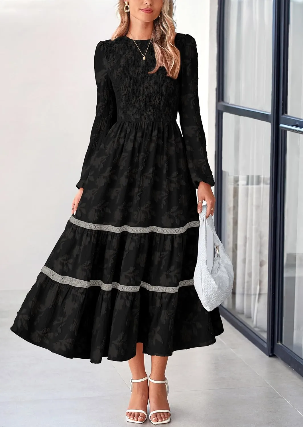 PRETTYGARDEN Women's Spring Midi Dress Fall Elegant Long Sleeve Smocked Flowy Boho Floral Wedding Guest Party Dresses