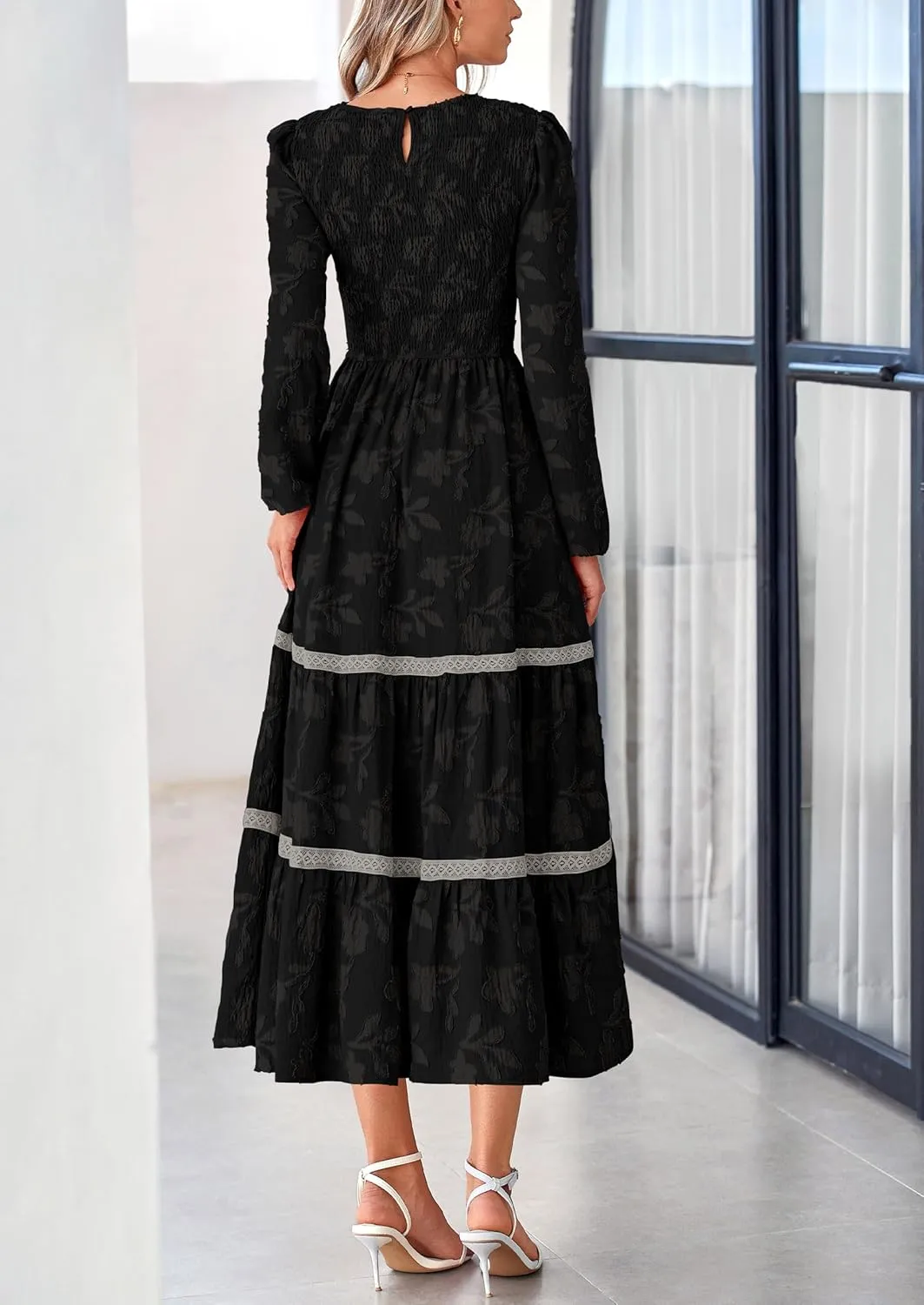 PRETTYGARDEN Women's Spring Midi Dress Fall Elegant Long Sleeve Smocked Flowy Boho Floral Wedding Guest Party Dresses