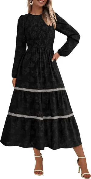 PRETTYGARDEN Women's Spring Midi Dress Fall Elegant Long Sleeve Smocked Flowy Boho Floral Wedding Guest Party Dresses