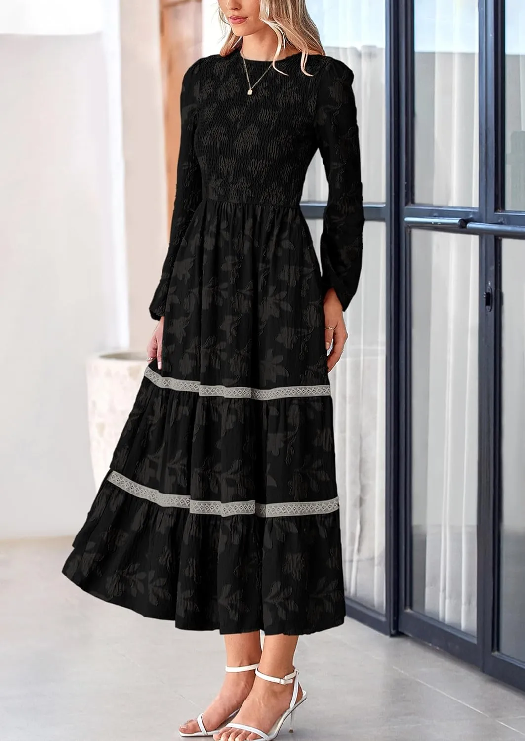 PRETTYGARDEN Women's Spring Midi Dress Fall Elegant Long Sleeve Smocked Flowy Boho Floral Wedding Guest Party Dresses