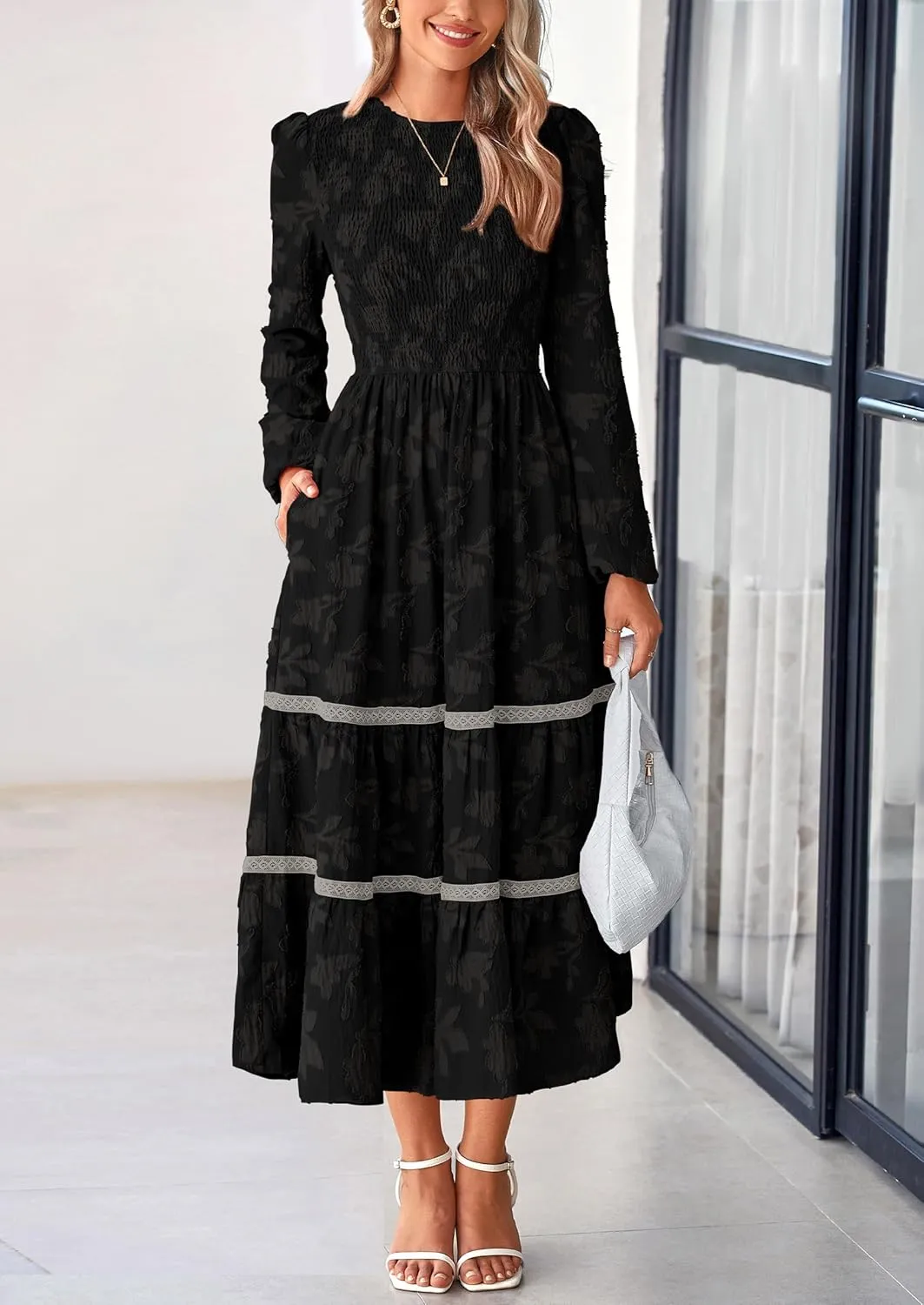PRETTYGARDEN Women's Spring Midi Dress Fall Elegant Long Sleeve Smocked Flowy Boho Floral Wedding Guest Party Dresses