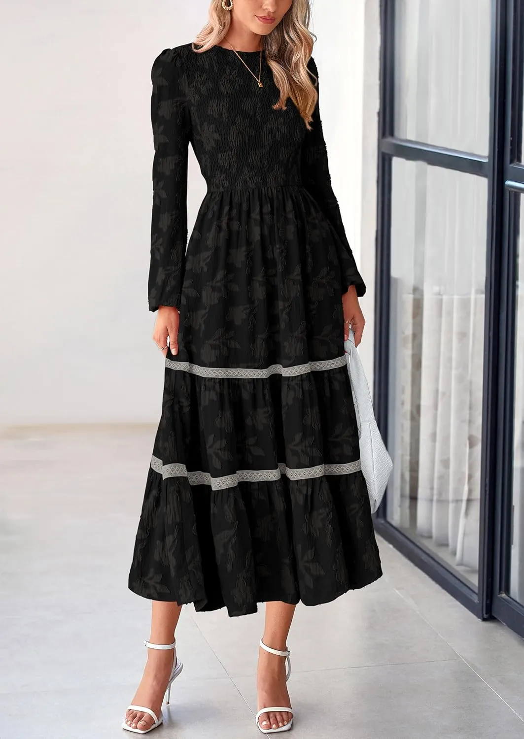 PRETTYGARDEN Women's Spring Midi Dress Fall Elegant Long Sleeve Smocked Flowy Boho Floral Wedding Guest Party Dresses
