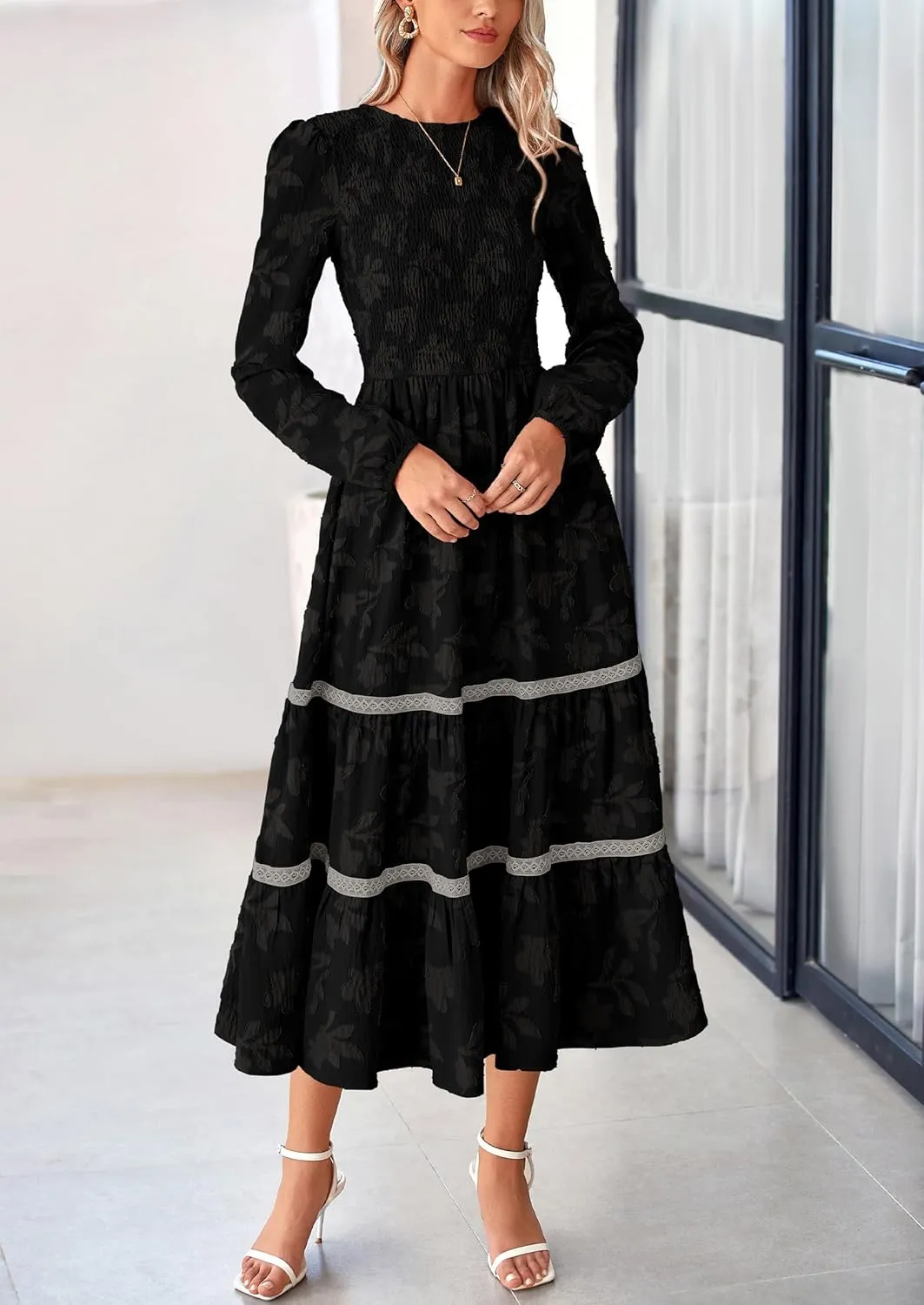 PRETTYGARDEN Women's Spring Midi Dress Fall Elegant Long Sleeve Smocked Flowy Boho Floral Wedding Guest Party Dresses