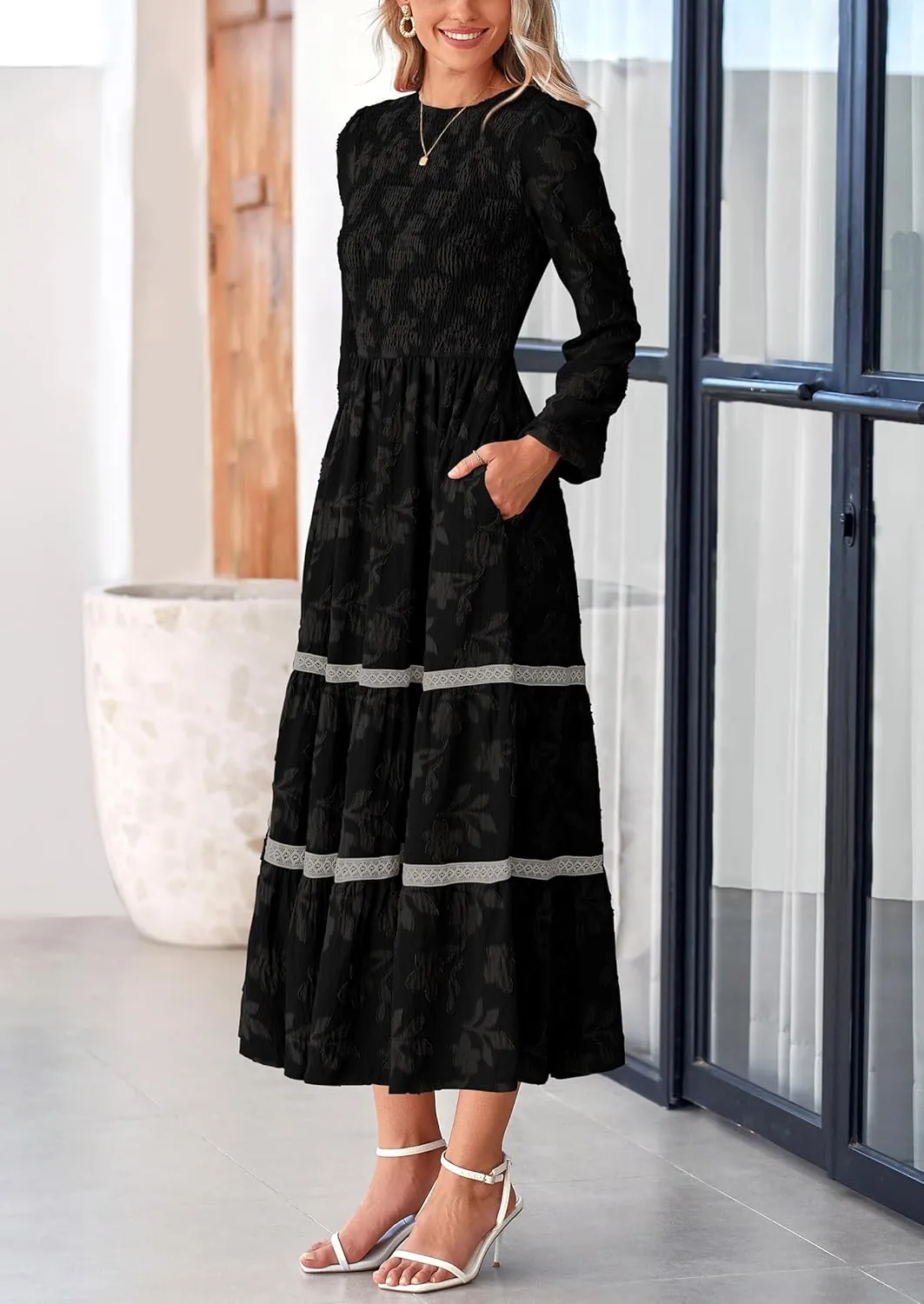 PRETTYGARDEN Women's Spring Midi Dress Fall Elegant Long Sleeve Smocked Flowy Boho Floral Wedding Guest Party Dresses