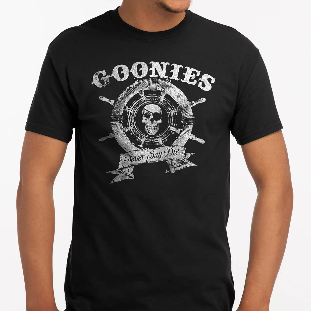 Ripple Junction The Goonies Men's Short Sleeve T-Shirt Captain's Wheel Never Say Die Quote 1980's Comedy Officially Licensed