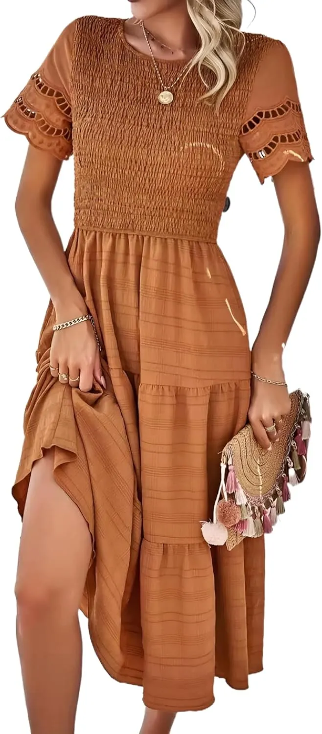 Roll Up Fashion Women's Spring Summer Fall Dresses Solid Color Hallow Eyelet Short Sleeve Midi Dress Beach Vacation
