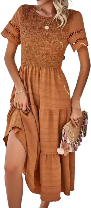 Roll Up Fashion Women's Spring Summer Fall Dresses Solid Color Hallow Eyelet Short Sleeve Midi Dress Beach Vacation