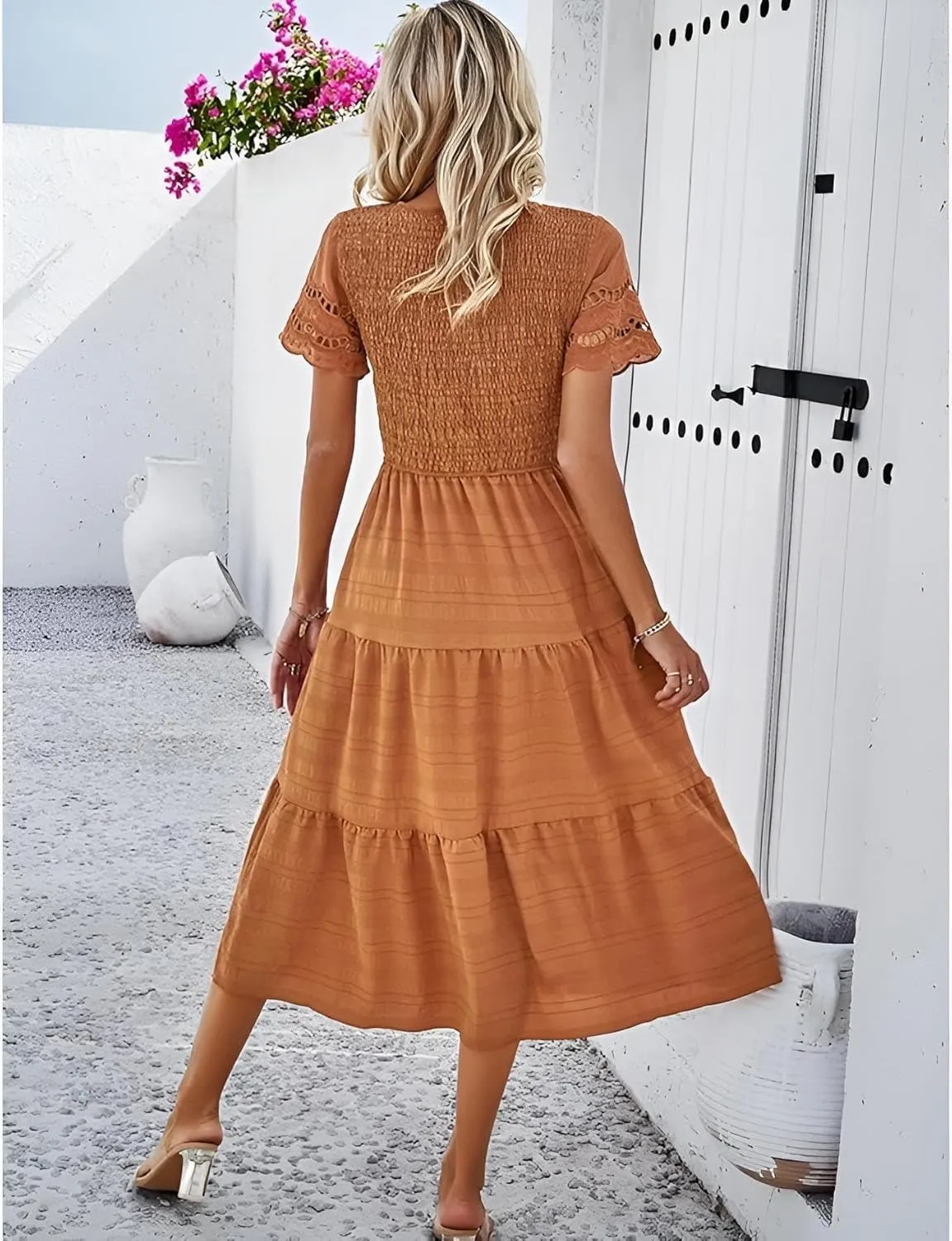 Roll Up Fashion Women's Spring Summer Fall Dresses Solid Color Hallow Eyelet Short Sleeve Midi Dress Beach Vacation