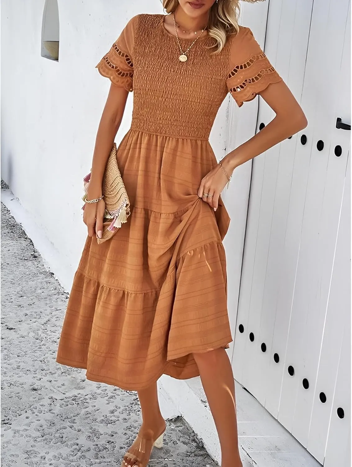 Roll Up Fashion Women's Spring Summer Fall Dresses Solid Color Hallow Eyelet Short Sleeve Midi Dress Beach Vacation