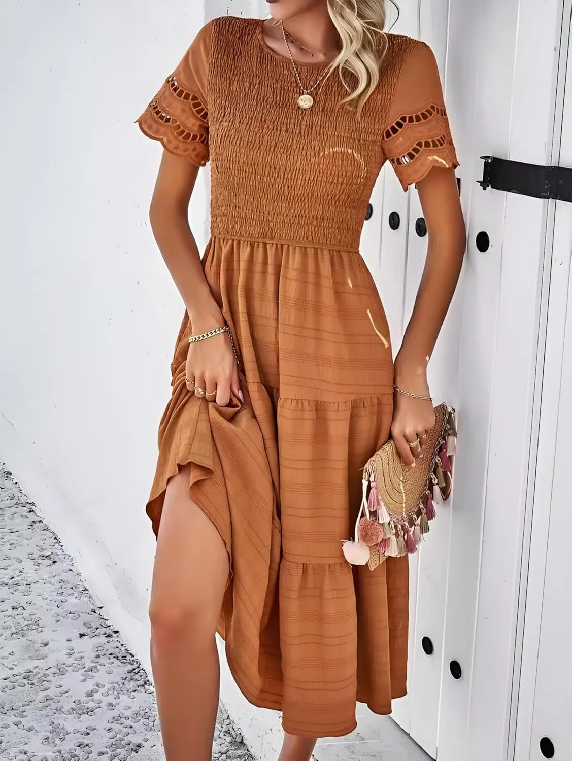 Roll Up Fashion Women's Spring Summer Fall Dresses Solid Color Hallow Eyelet Short Sleeve Midi Dress Beach Vacation