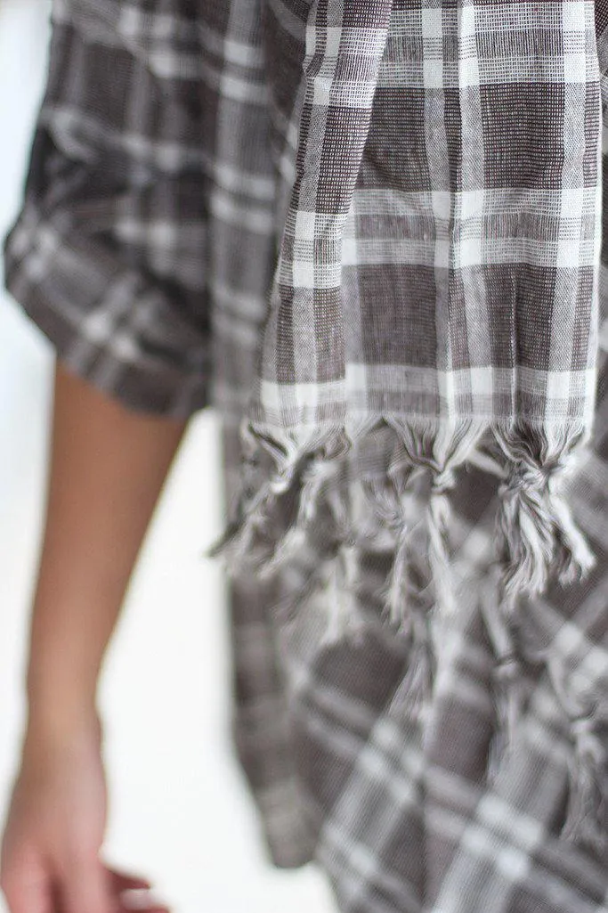 Taupe Plaid Fringe Cardigan