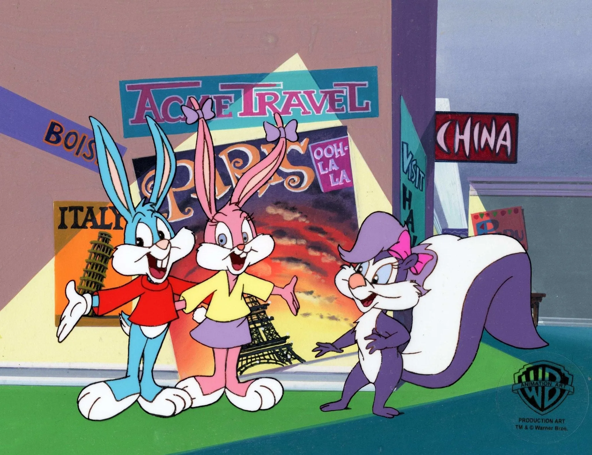 Tiny Toons Original Production Cel on Original Production Background: Babs Bunny, Buster Bunny, Fifi La Fume
