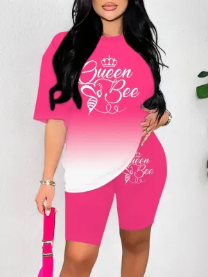 Two-Piece Alphabet Print Casual Outfit - Crew Neck Short Sleeve Top & Shorts Set with Micro Elasticity - Polyester Knit Fabric, Regular Fit, All Seasons Wear