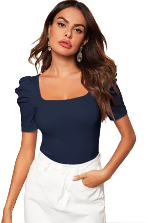 WDIRARA Women's Puff Sleeve Square Neck Short Sleeve Elegant Tee Top